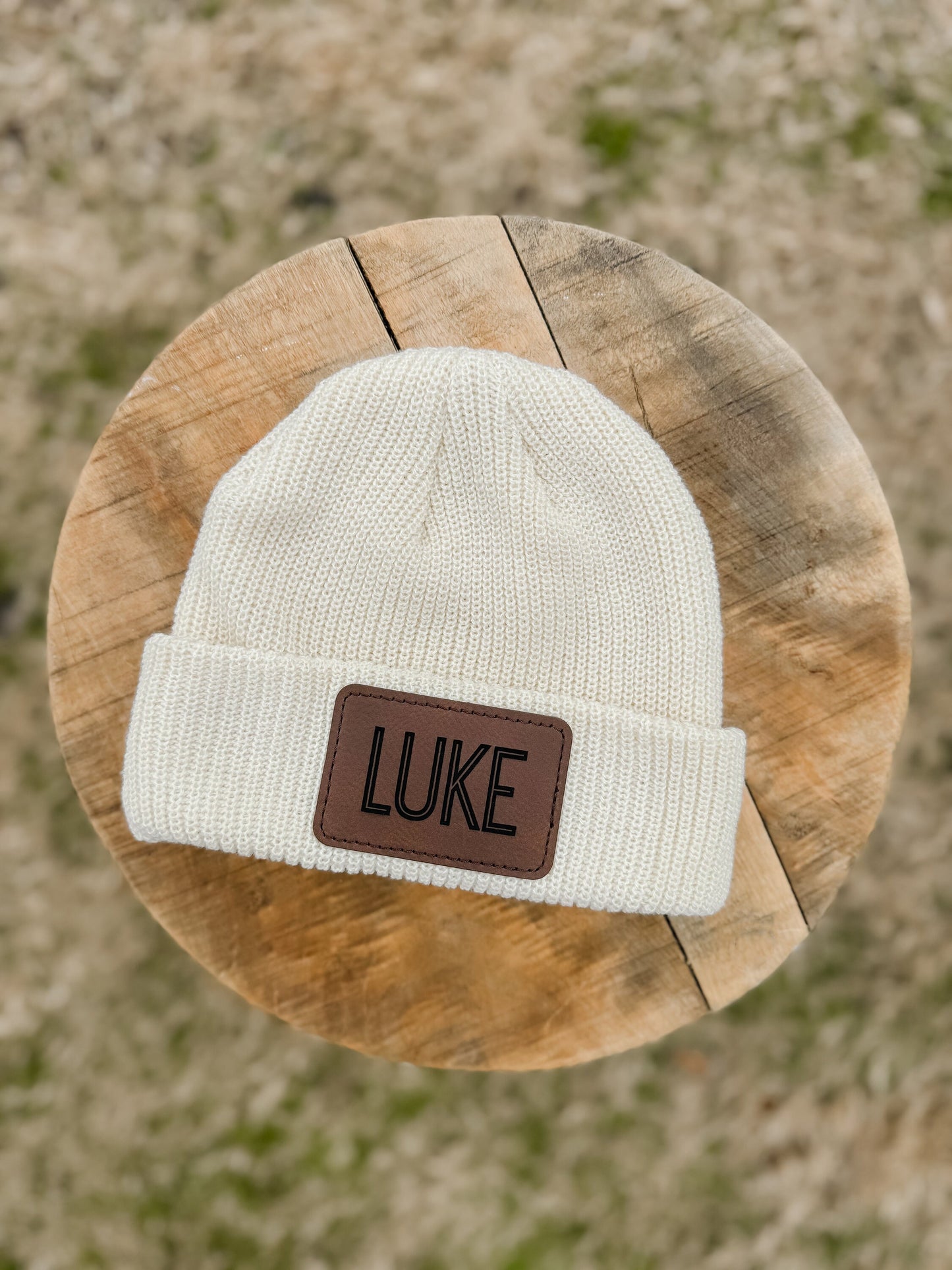 Personalized Leather Patch Name Beanie